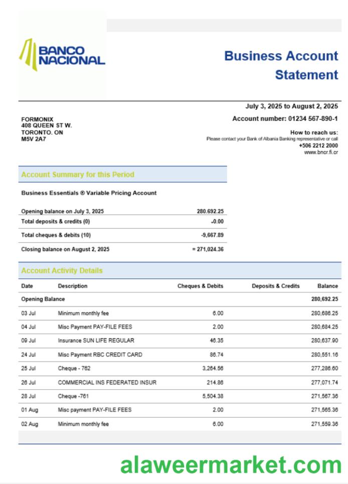 Costa Rican Banco Nacional de Costa Rican business bank  company account statement Word and PDF format